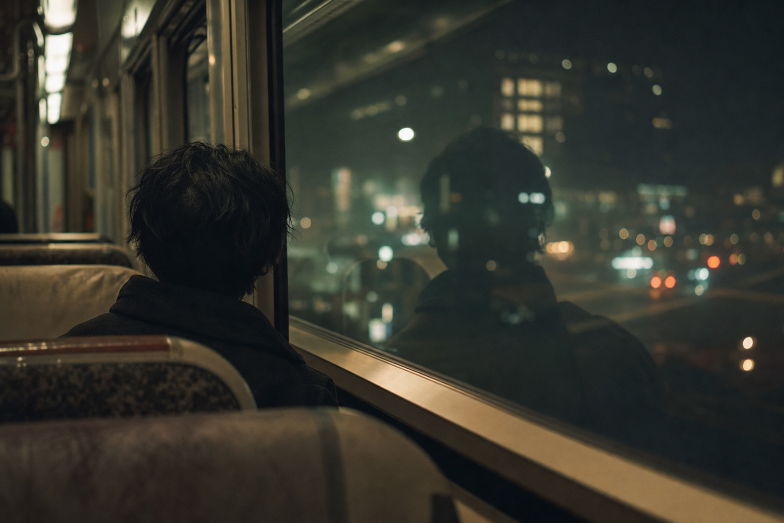 夜の電車の窓際で、街の灯りを眺める人のシルエット