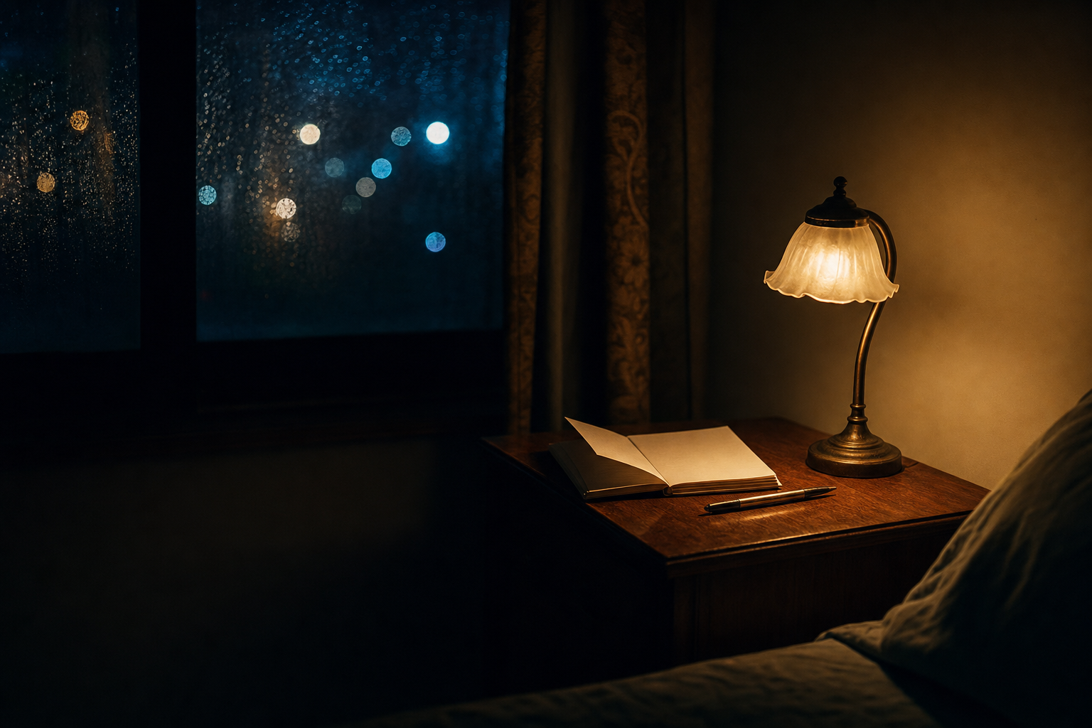 夜中の2時、枕元の小さな灯りに照らされたメモ帳